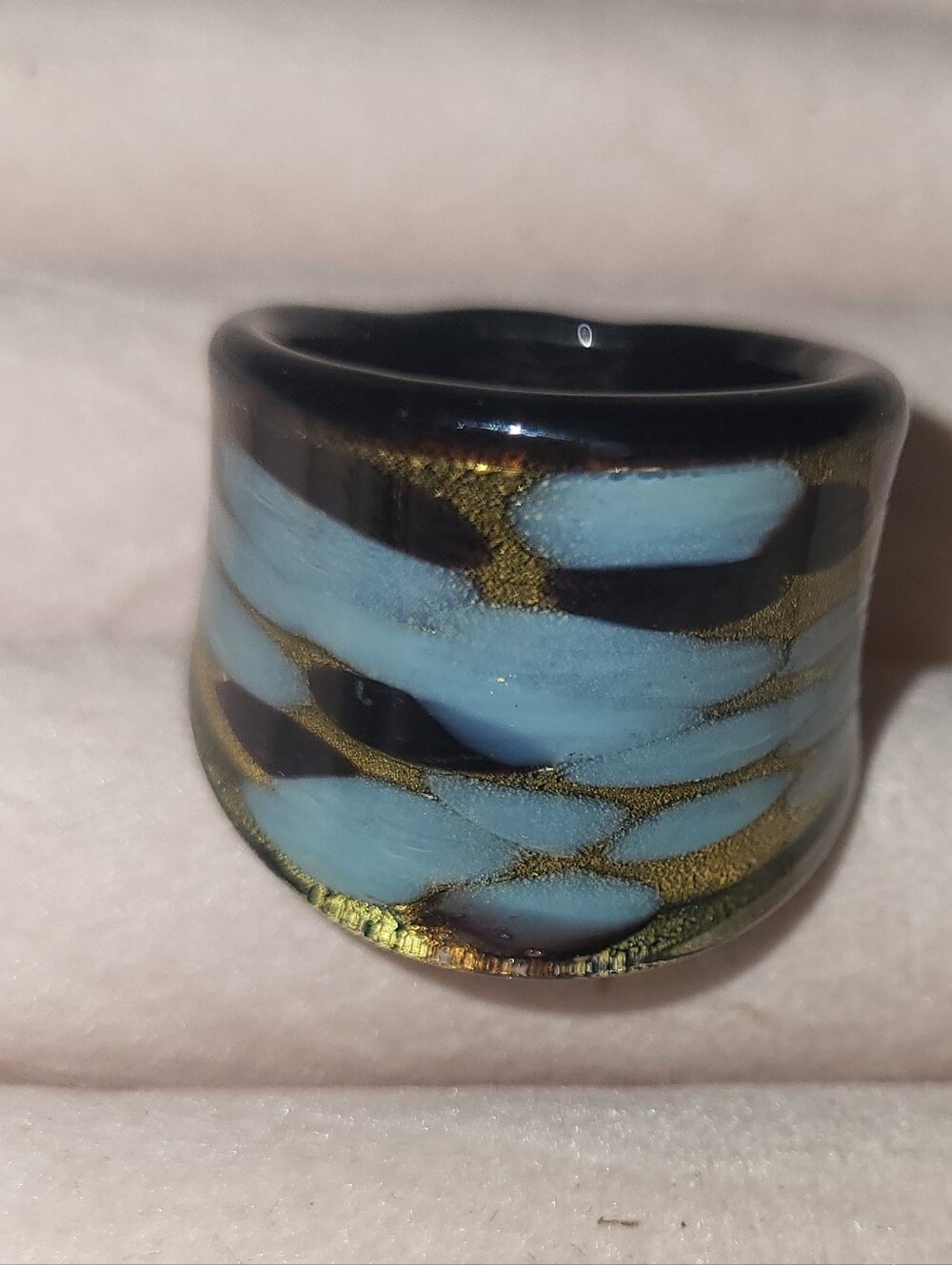 Vintage Murano Style Art Glass Chunky Swirl Band Ring Blue & Gold Size 7.5